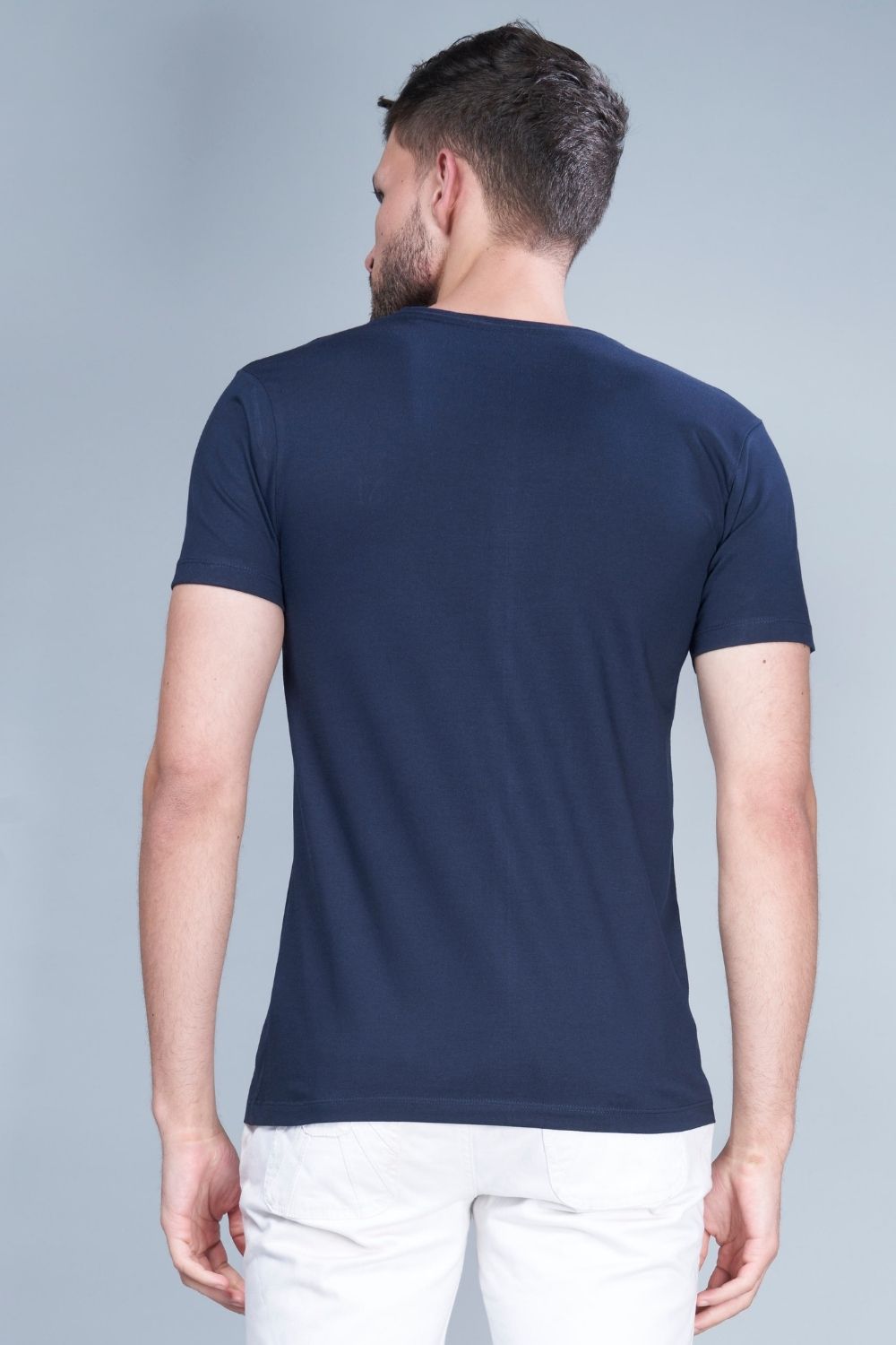 Teal Navy colored, solid t shirt for men with round neck and half sleeves, back view.