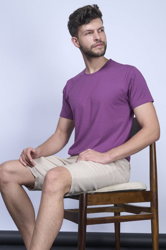 Full View of a Cotton Stretch T shirt for men in the solid color purple with half sleeves and round neck.