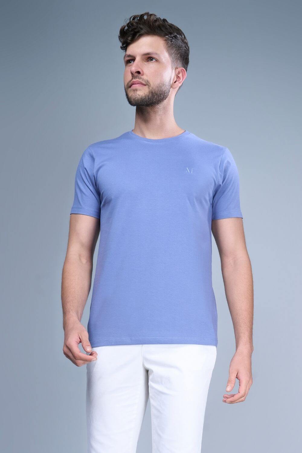 Blue colored, cotton solid T shirt for men with half sleeves and round neck from vibgyor series collection, front view.