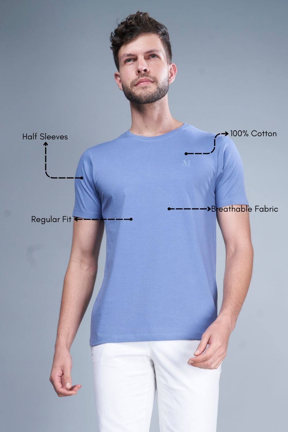 Blue colored, cotton solid T shirt for men with half sleeves and round neck from vibgyor series collection, product description.