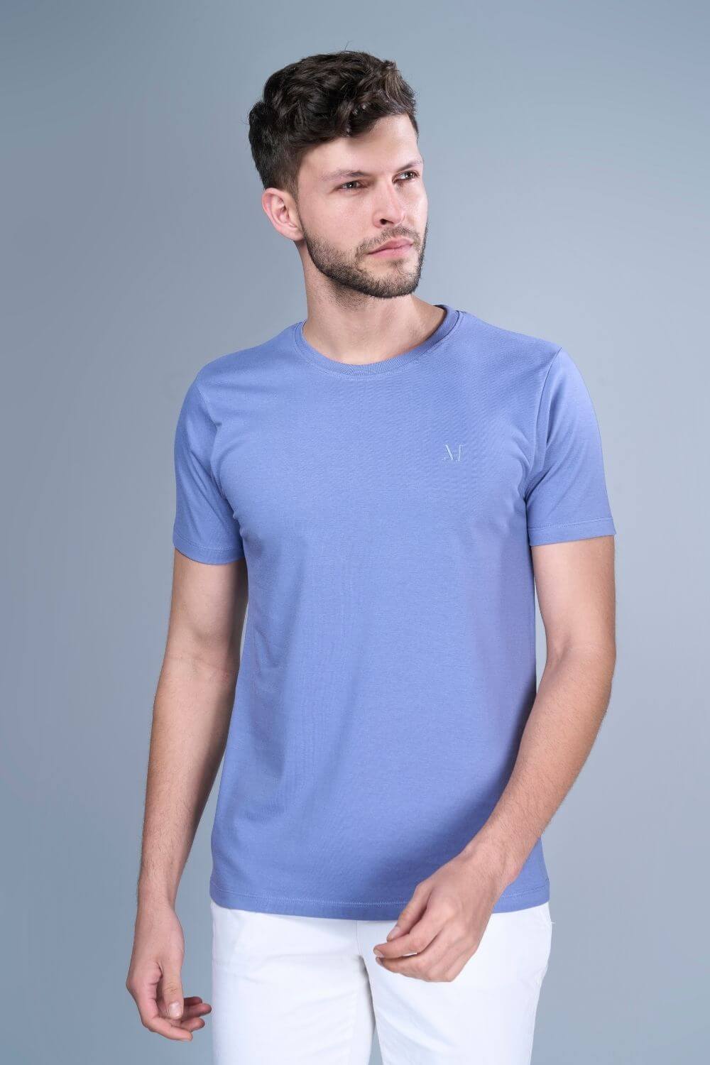 Blue colored, cotton solid T shirt for men with half sleeves and round neck from vibgyor series collection, full view.