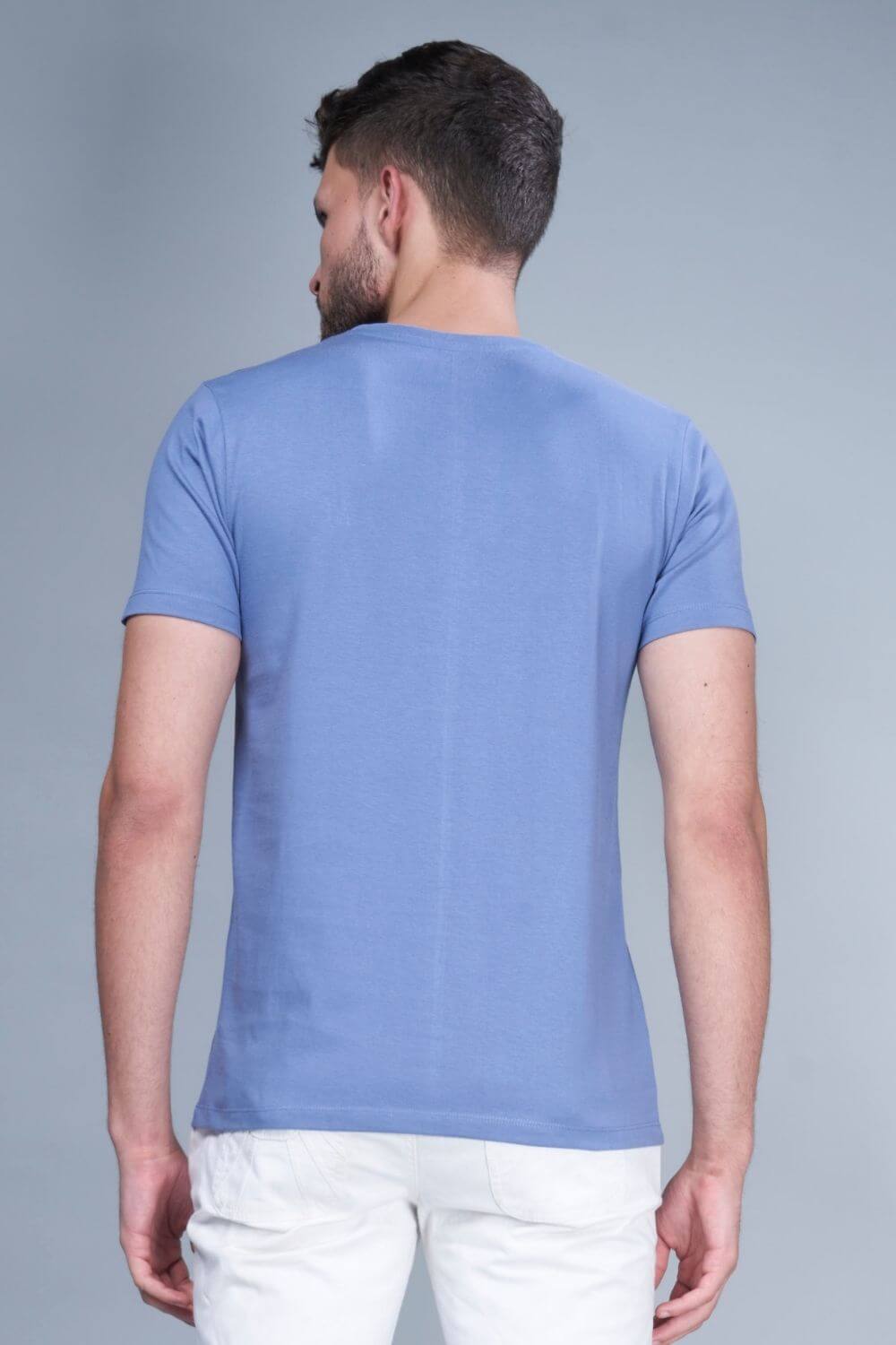 Blue colored, cotton solid T shirt for men with half sleeves and round neck from vibgyor series collection, back view.