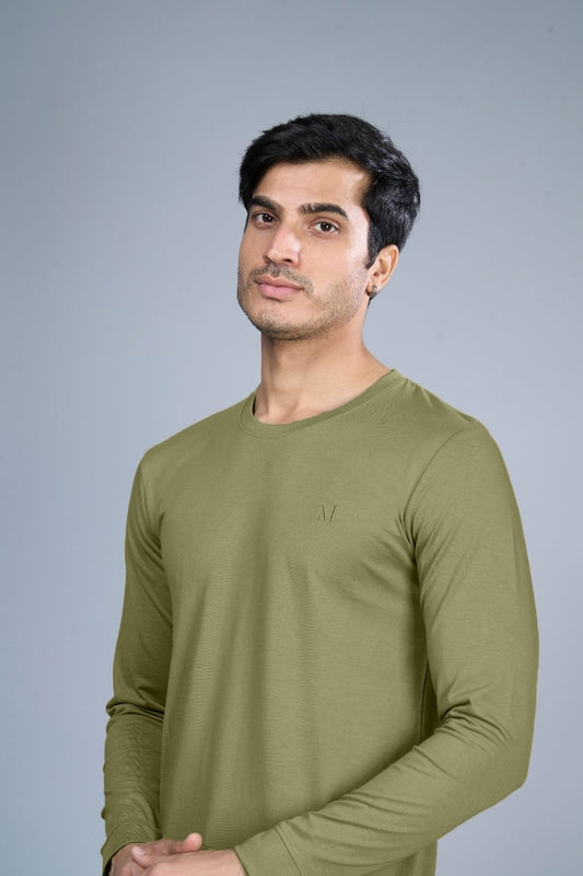 Forest green colored, full sleeve solid T shirt for Men with round neck, close up.