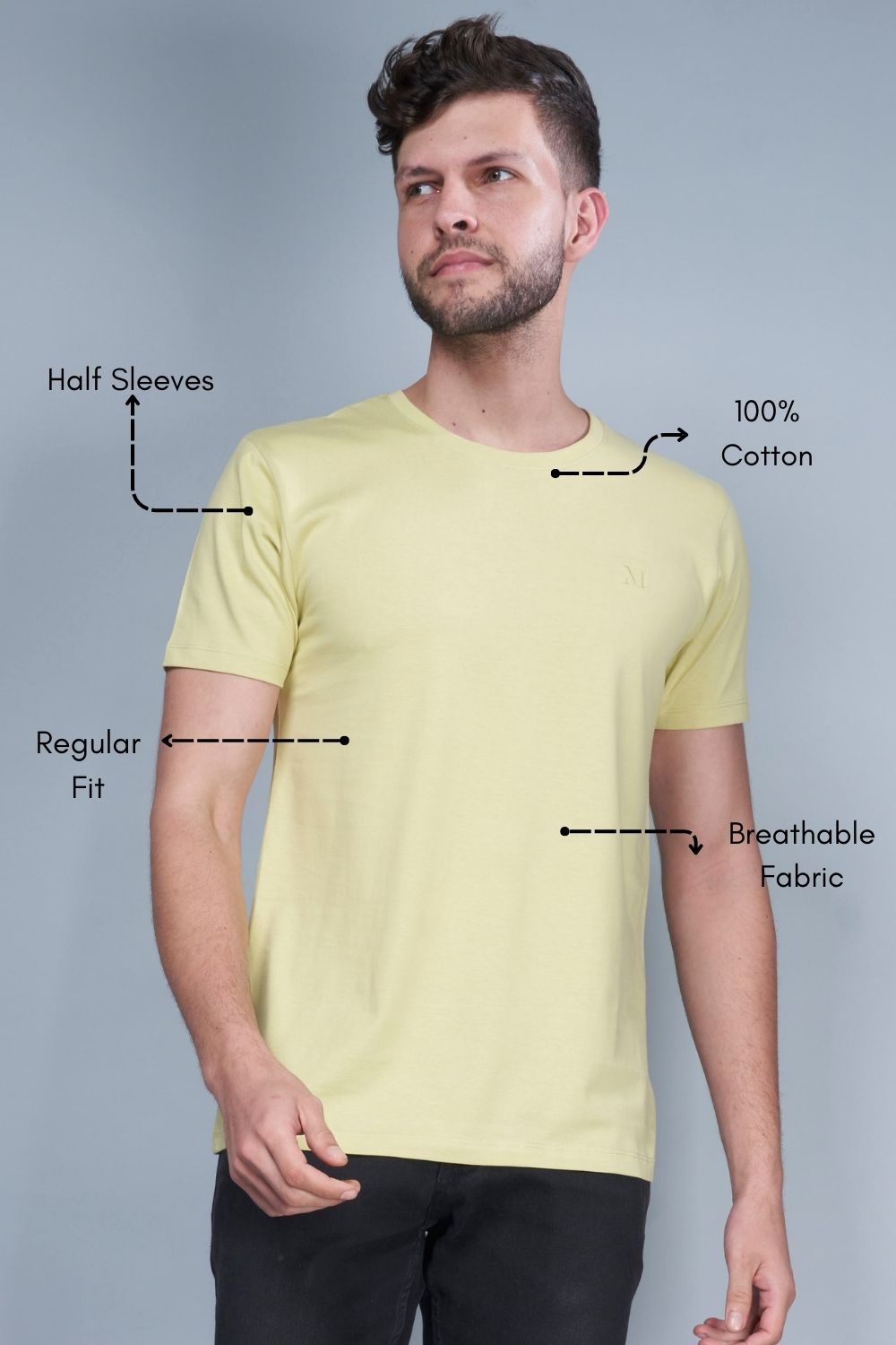 Lemon green colored, Solid T shirt for men, with half sleeves and round neck, product feature.