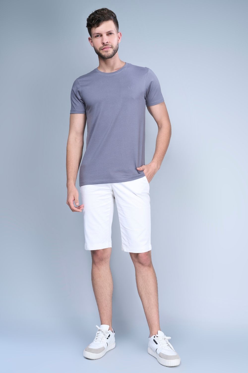 Vista Blue colored, solid t shirt for men with round neck and half sleeves, full view.