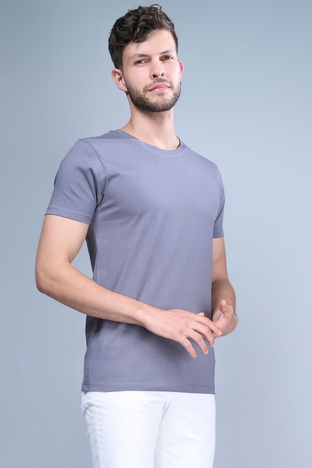 Vista Blue colored, solid t shirt for men with round neck and half sleeves, side view.