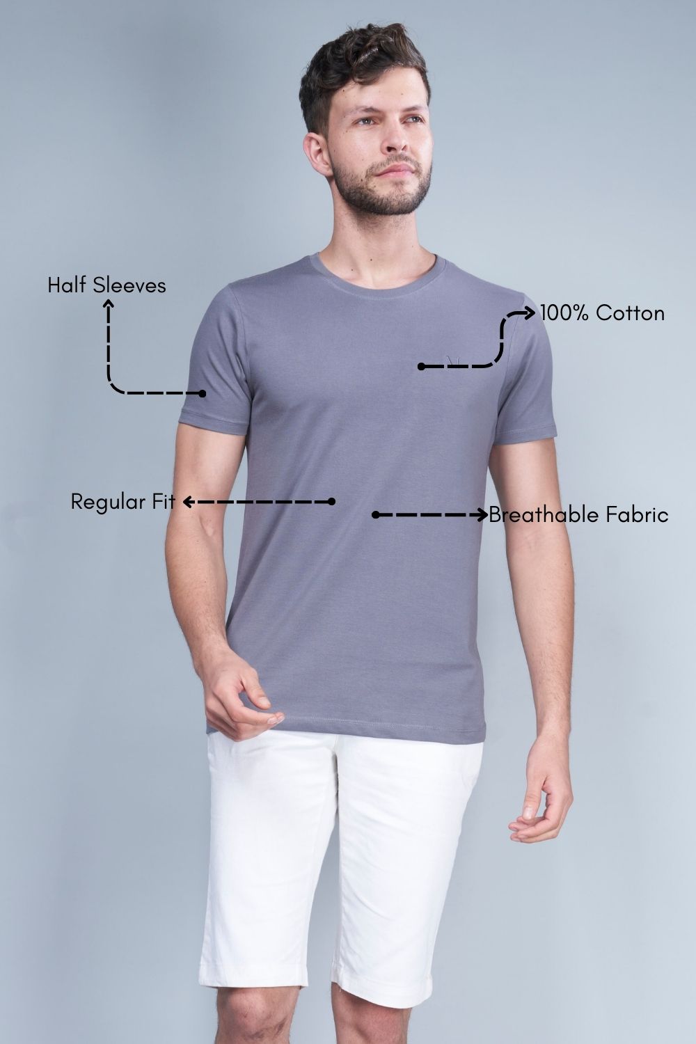 Vista Blue colored, solid t shirt for men with round neck and half sleeves, product features.