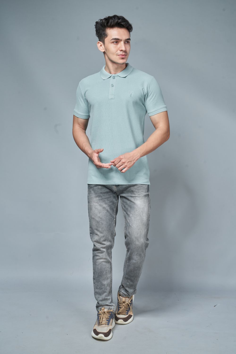 Vista Blue colored, solid t shirt for men with round neck and half sleeves, product features.