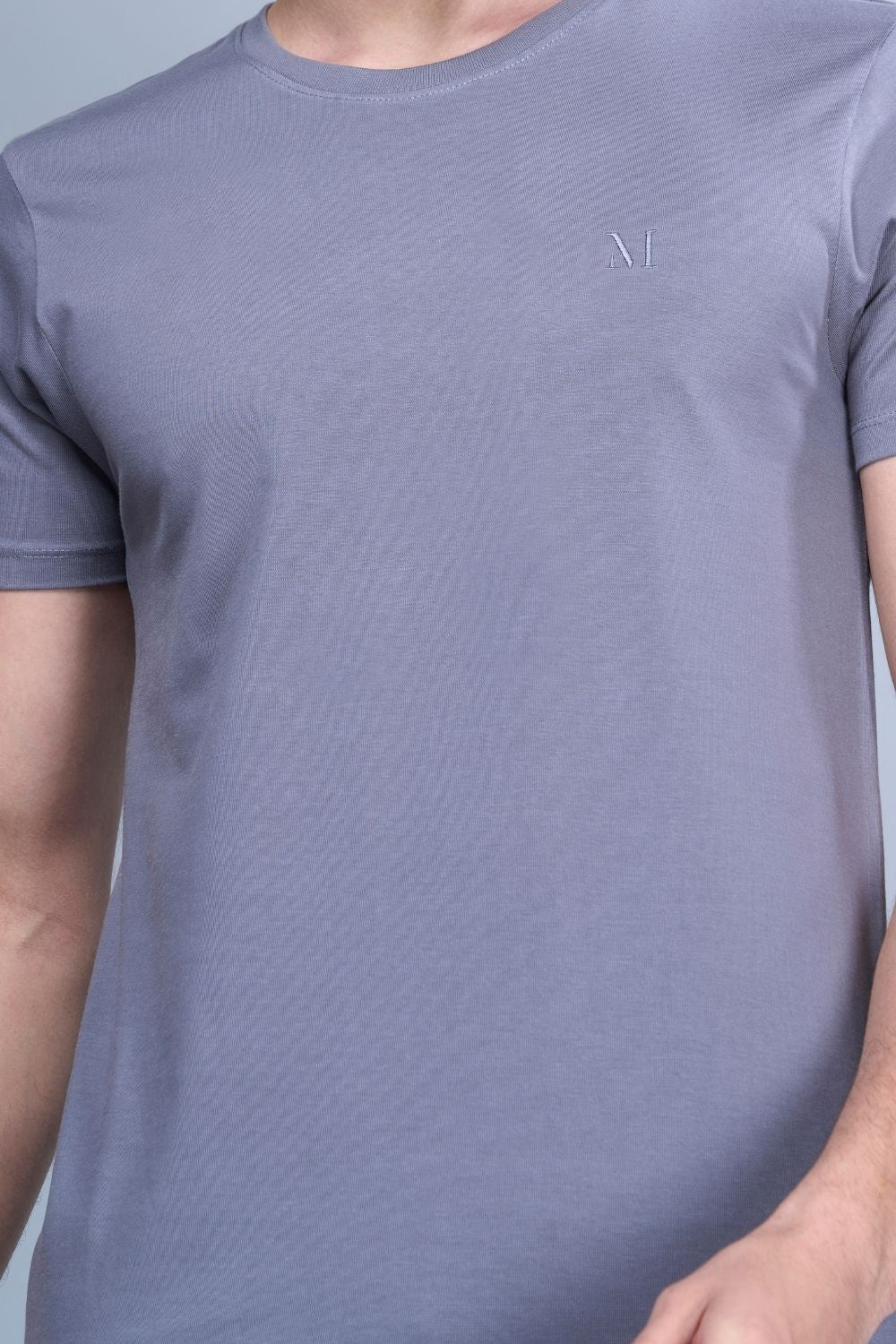 Vista Blue colored, solid t shirt for men with round neck and half sleeves, close up.