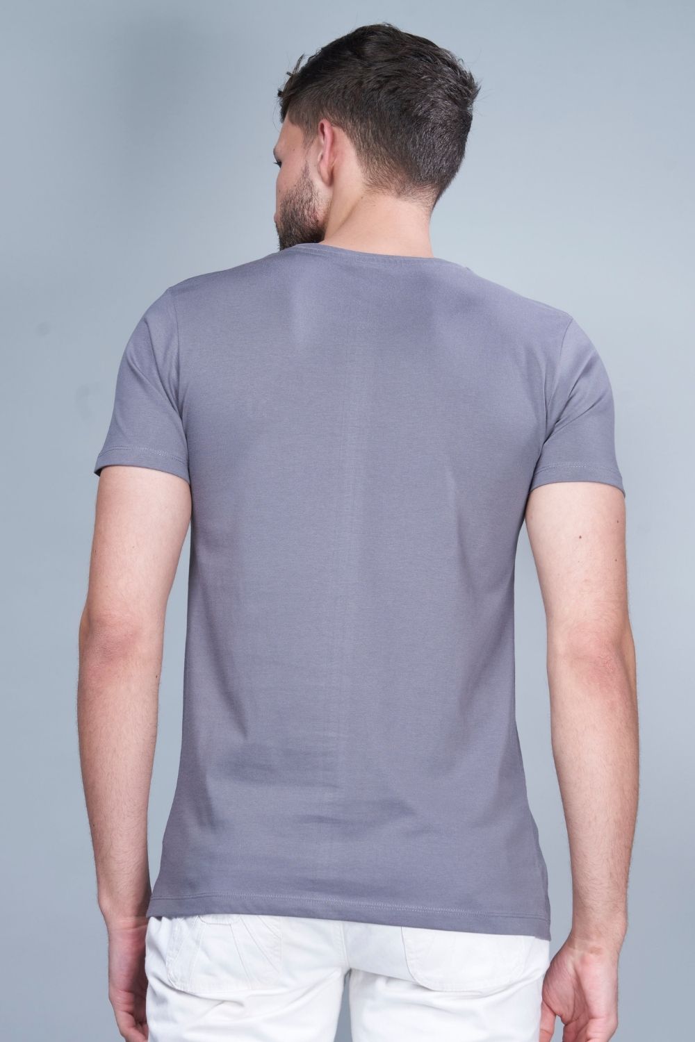 Vista Blue colored, solid t shirt for men with round neck and half sleeves, back view.