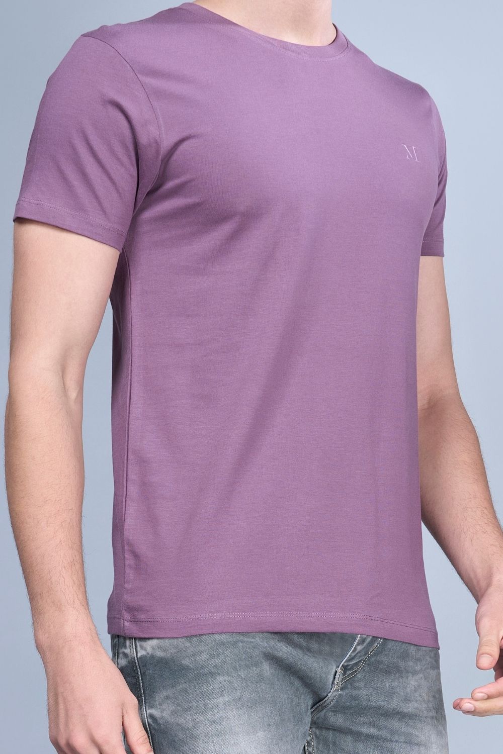 Light maroon colored, Solid T shirt for men, with half sleeves and round neck, side view.