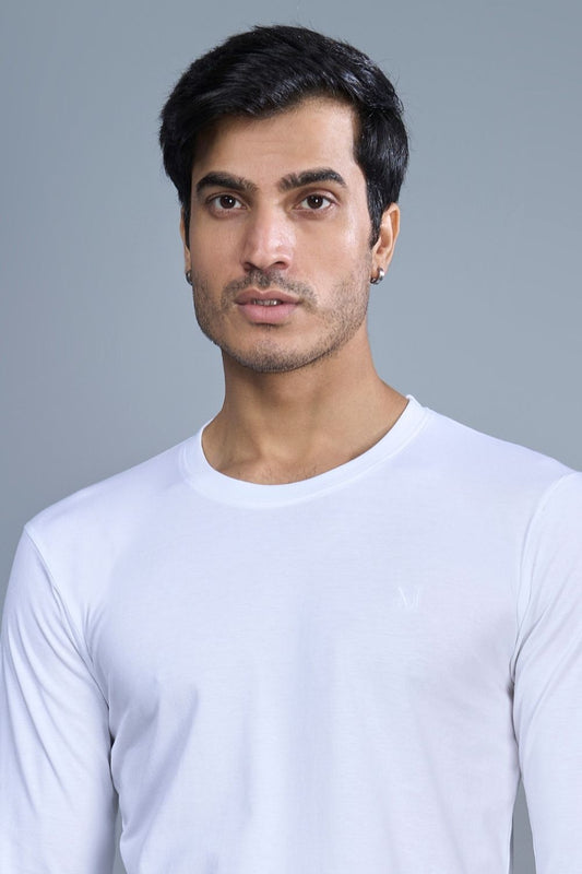 White colored, full sleeve solid T shirt for Men with round neck, close up.