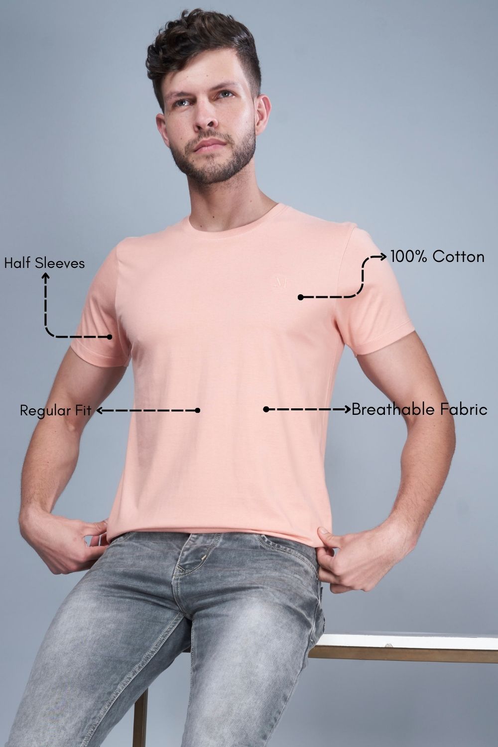 Light orange colored, Solid T shirt for men, with half sleeves and round neck, product features.