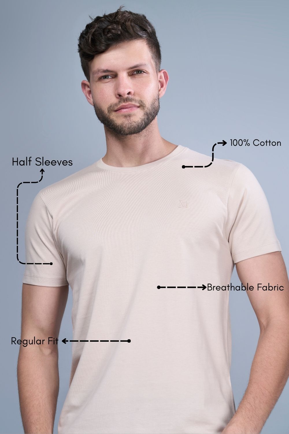 Solid T shirt for men in the color moon light with half sleeves and round neck, product feature.