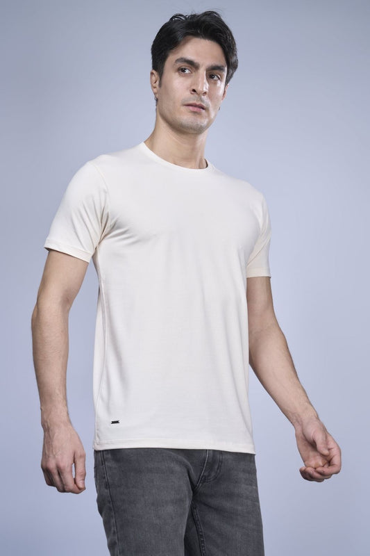 Cotton Stretch T shirt for men in the solid color Moon light with half sleeves and round neck.