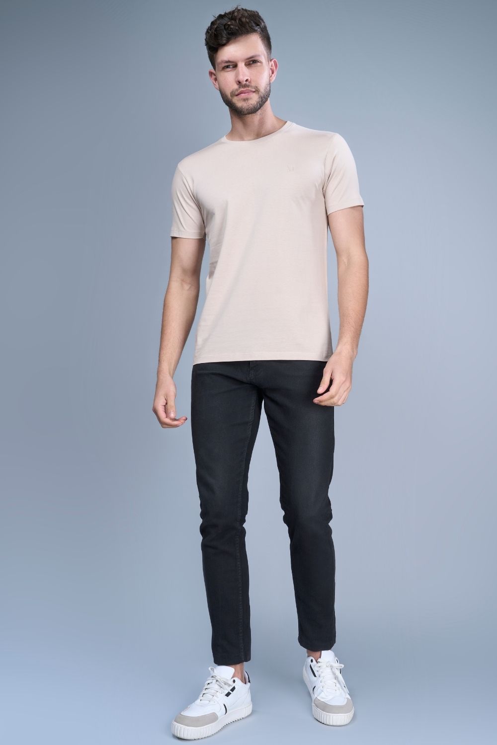Solid T shirt for men in the color moon light with half sleeves and round neck, front view.