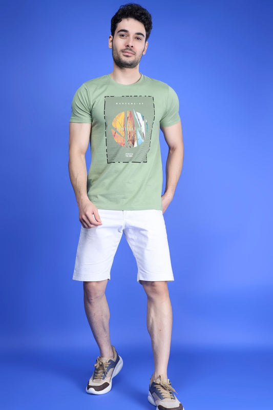 Fair green colored, cotton Graphic T shirt for men, half sleeves and round neck.