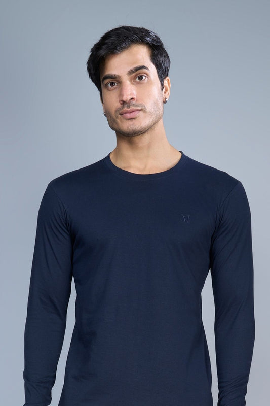 Teal Navy colored, full sleeve solid T shirt for Men with round neck, front view.