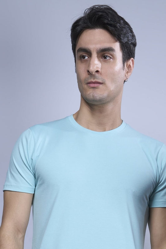 Cotton Stretch T shirt for men in the the solid color Sea View with half sleeves and round neck, front view.