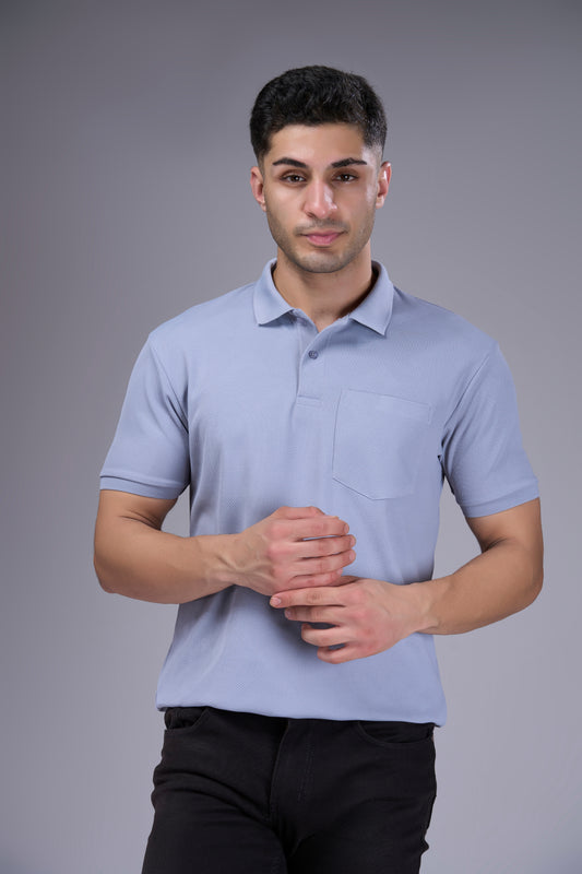 Light Grey - Structure Knit Pocket Polo