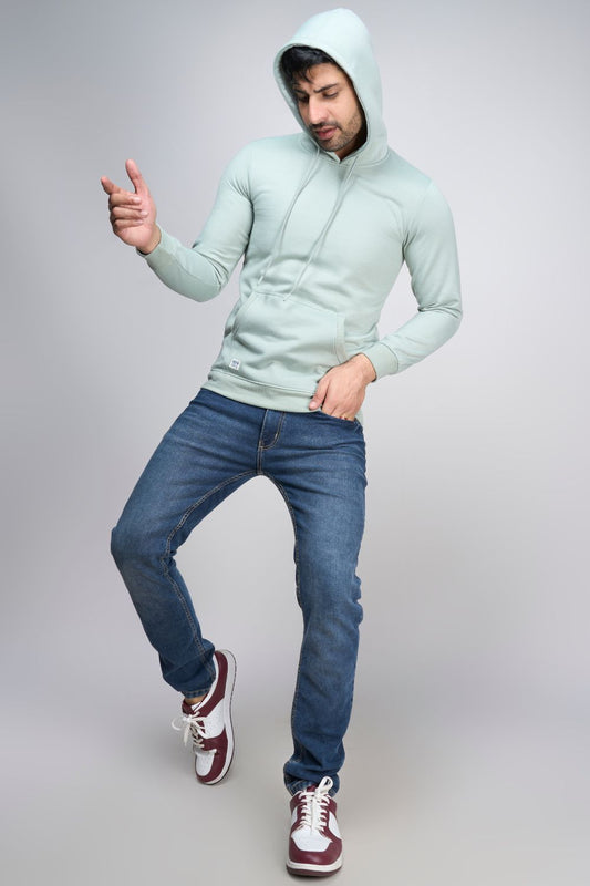 Sea Green colored, hoodie for men with full sleeves and relaxed fit.