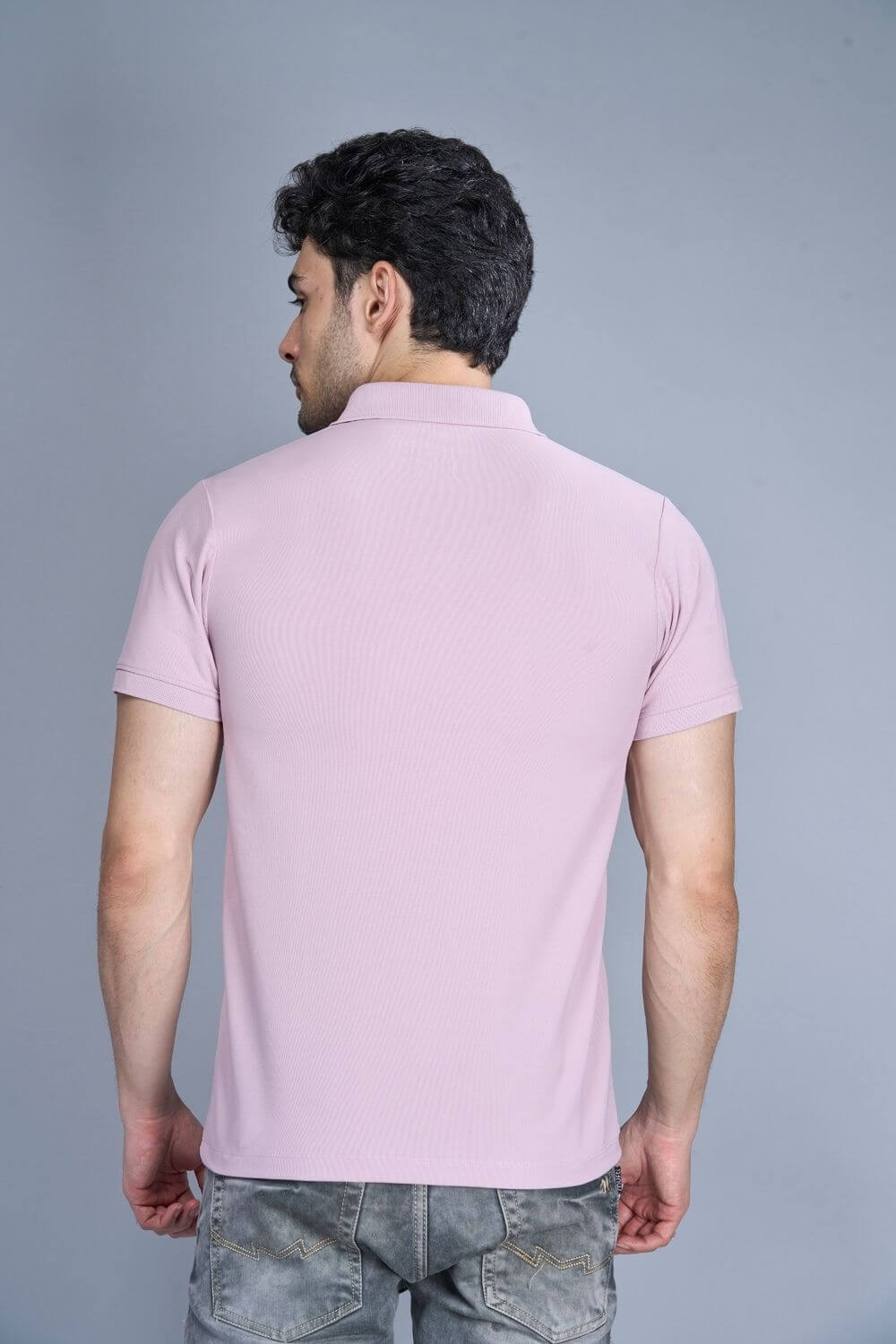 Mauve colored, Smart Tech Polo T-shirts for men with collar and half sleeves, back view.
