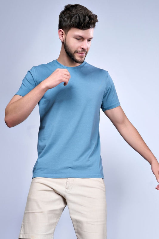 Cotton Stretch T shirt for men in the the solid color Niagara with half sleeves and round neck, front view.