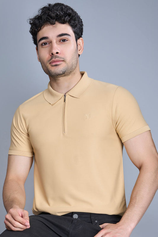 Bisque colored, zipped Polo T-shirts for men with collar and half sleeves.