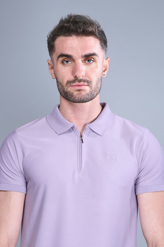 Mauve colored, zipped Polo T-shirts for men with collar and half sleeves, front view.
