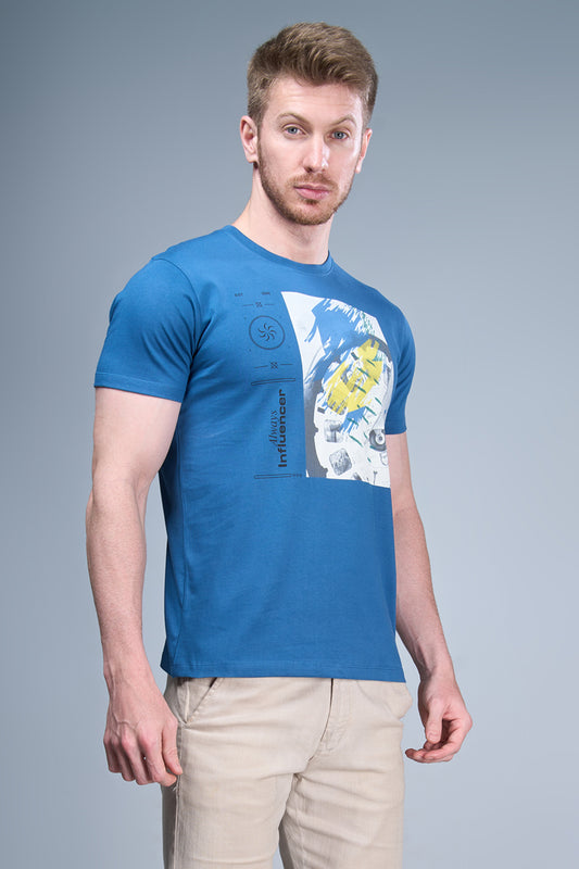 Blue colored, cotton Graphic T shirt for men, half sleeves and round neck.