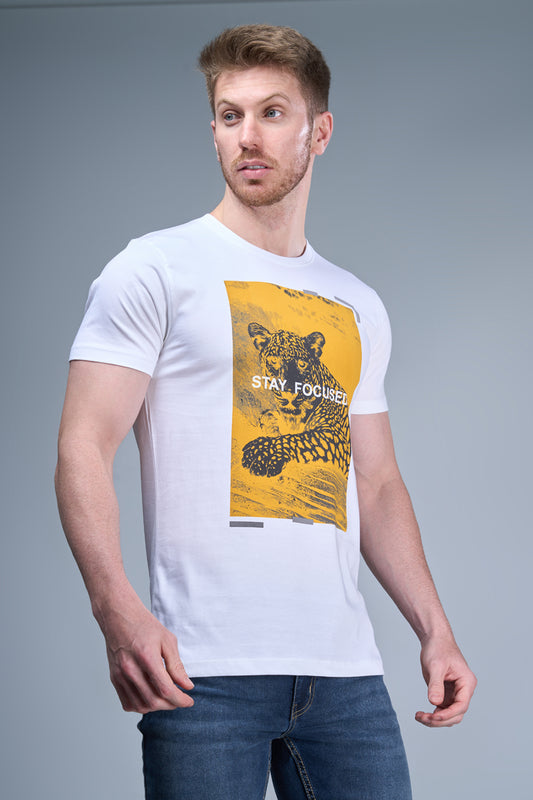 White colored, cotton Graphic T shirt for men, half sleeves and round neck.