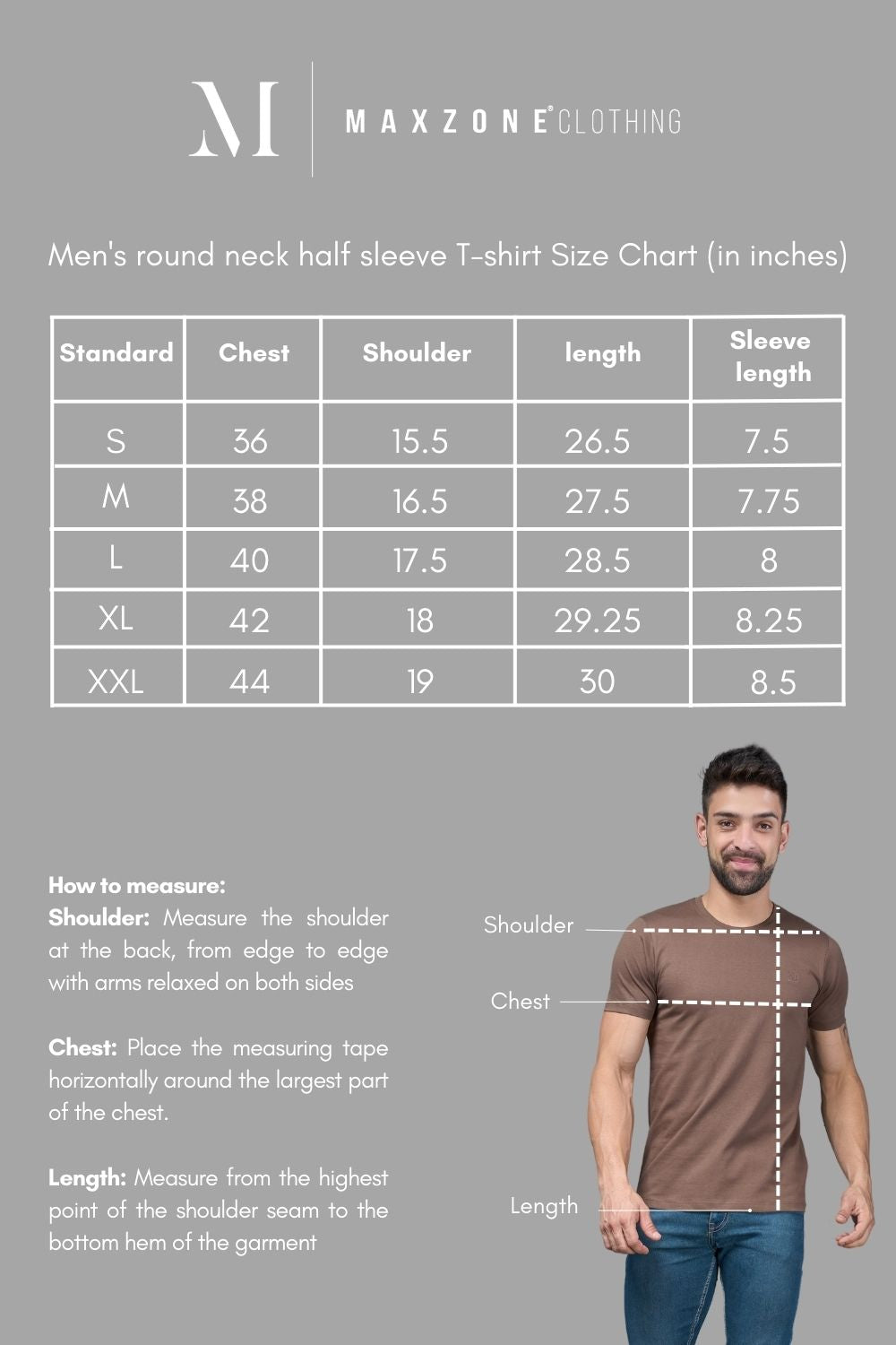 Size chart of Solid T shirt for men in the color moon light with half sleeves and round neck.