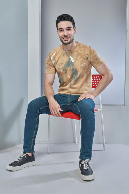 Wheat colored, all over print T shirt for men with half sleeves and round neck.