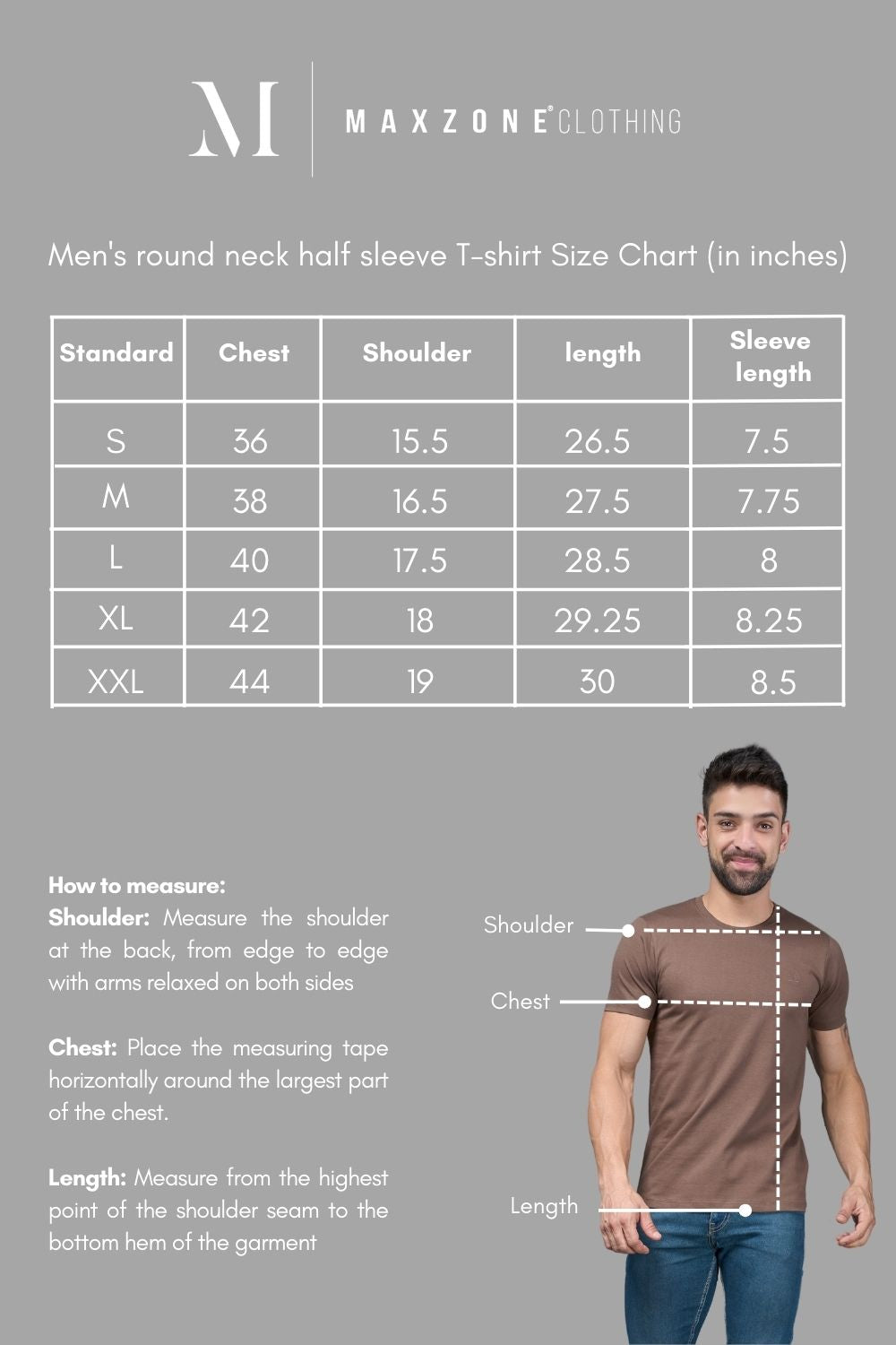 Size chart of Sky Blue colored, Solid T shirt for men, with half sleeves and round neck.