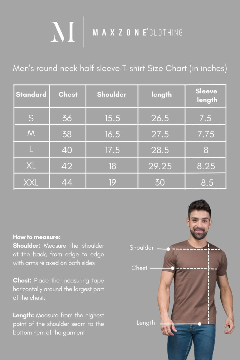Size chart of Blue colored, cotton solid T shirt for men with half sleeves and round neck from vibgyor series collection.