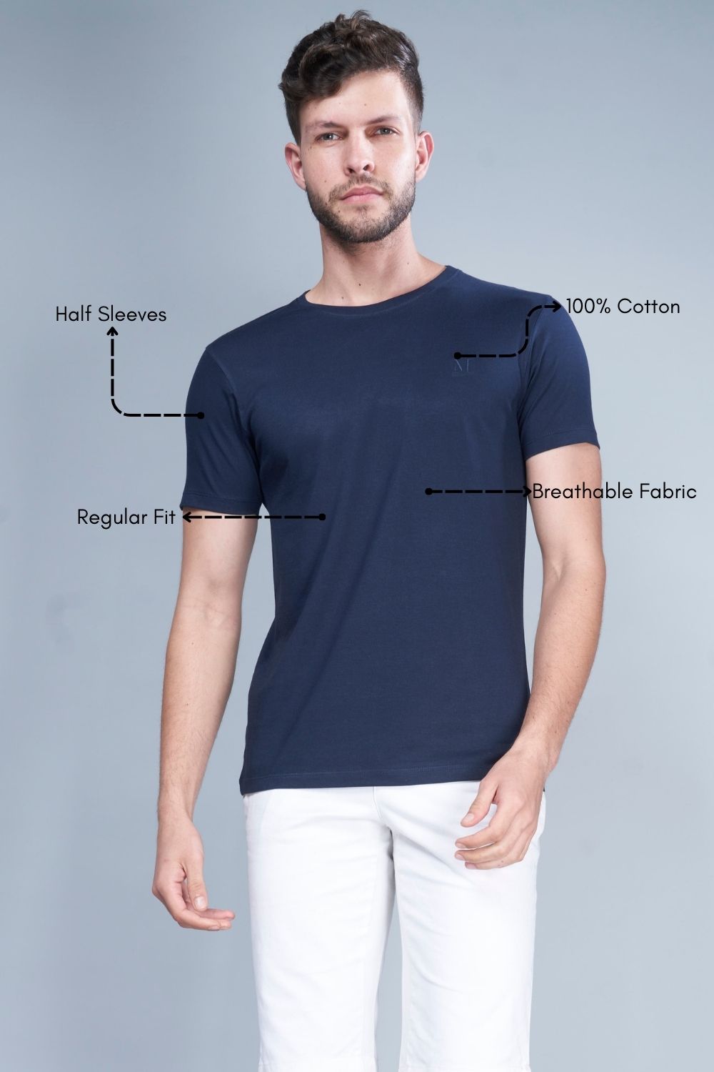 Teal Navy colored, solid t shirt for men with round neck and half sleeves, product feature.