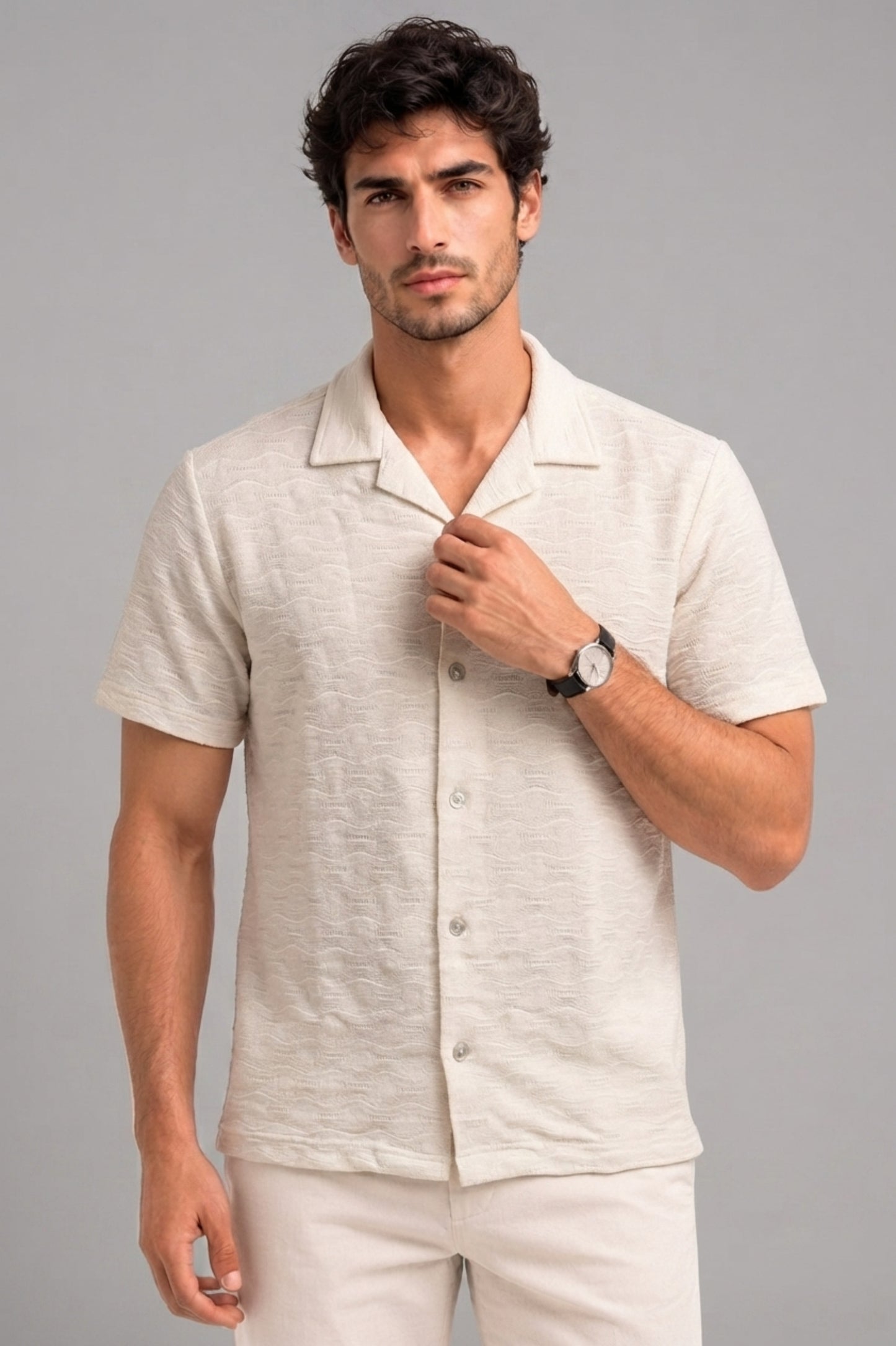 White - Wave Textured Oversized Shirt