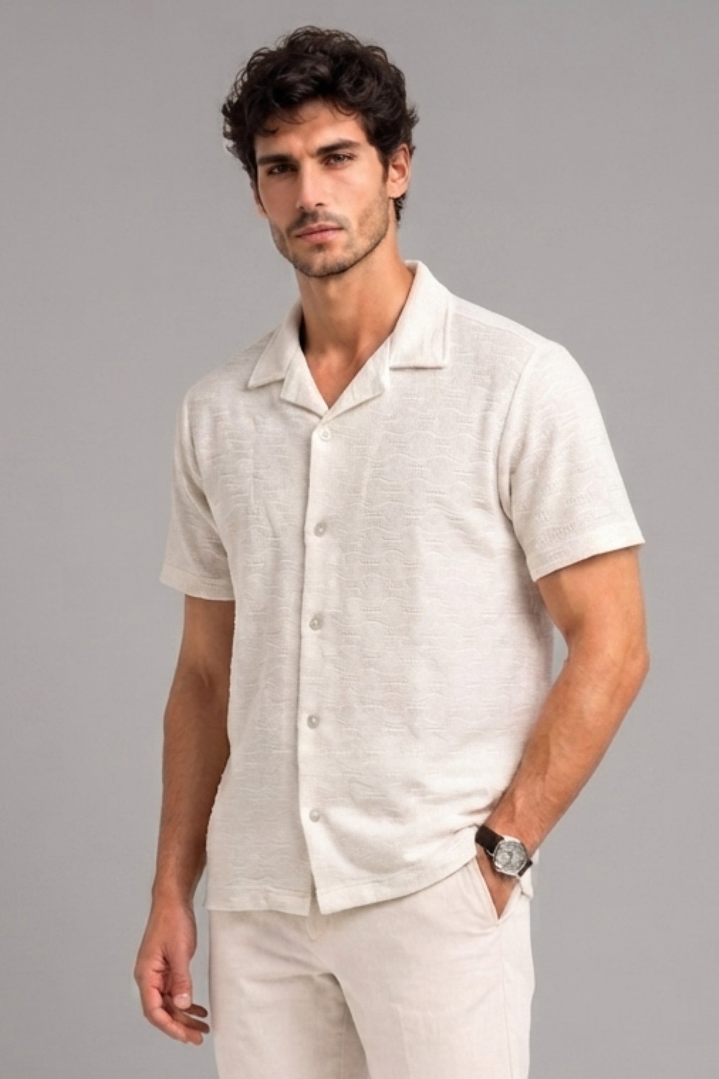 White - Wave Textured Oversized Shirt