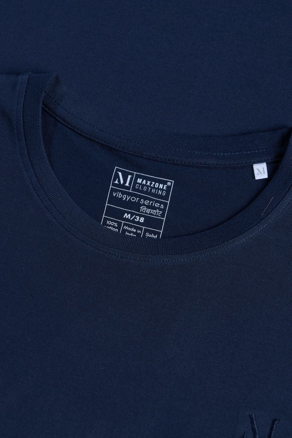 Teal Navy colored, solid t shirt for men with round neck and half sleeves, product close up.