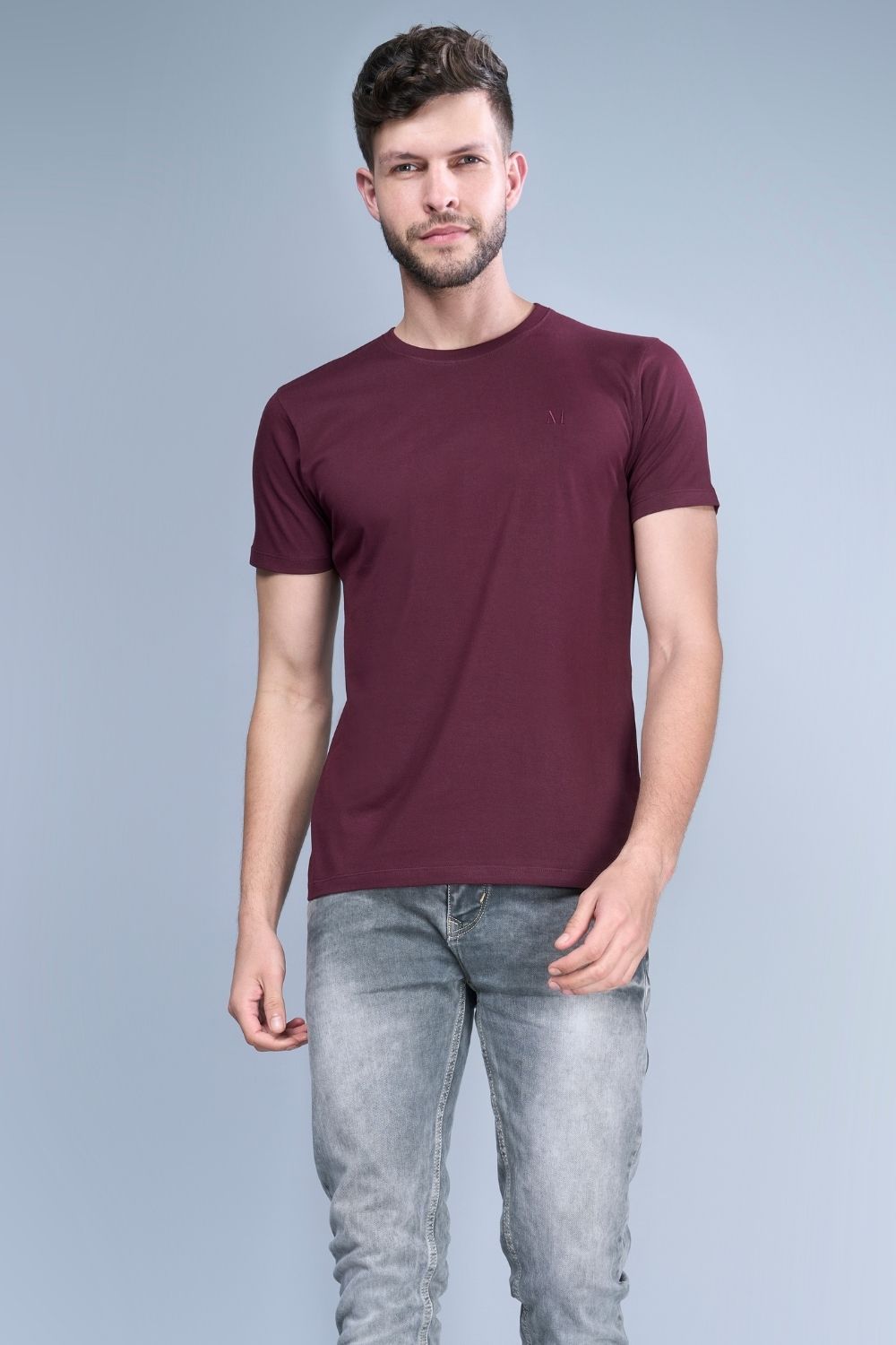 Heng Maroon colored, Solid T shirt for men, with half sleeves and round neck, full view.