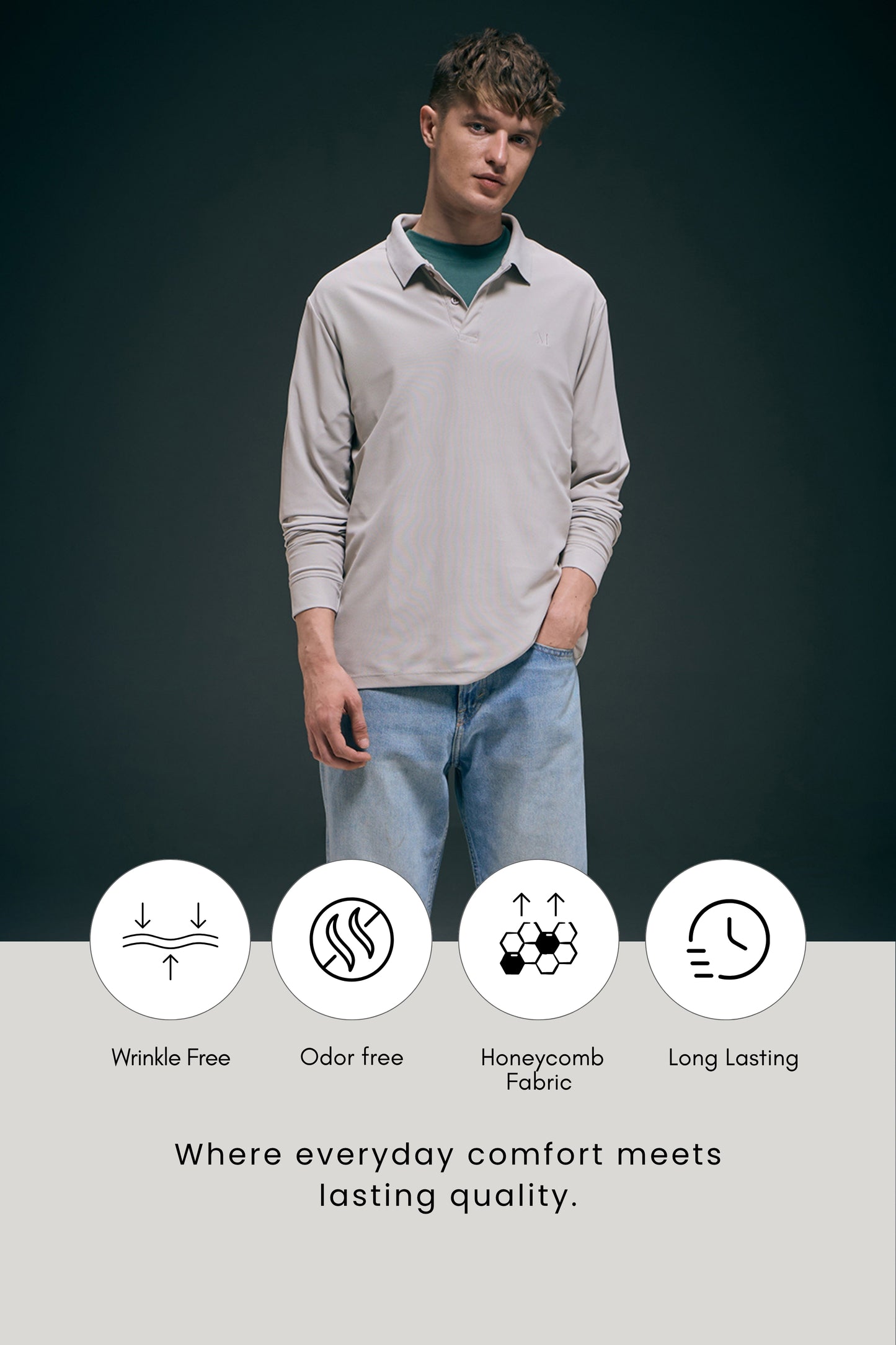 Grey Full Sleeve Smart Tech Polo