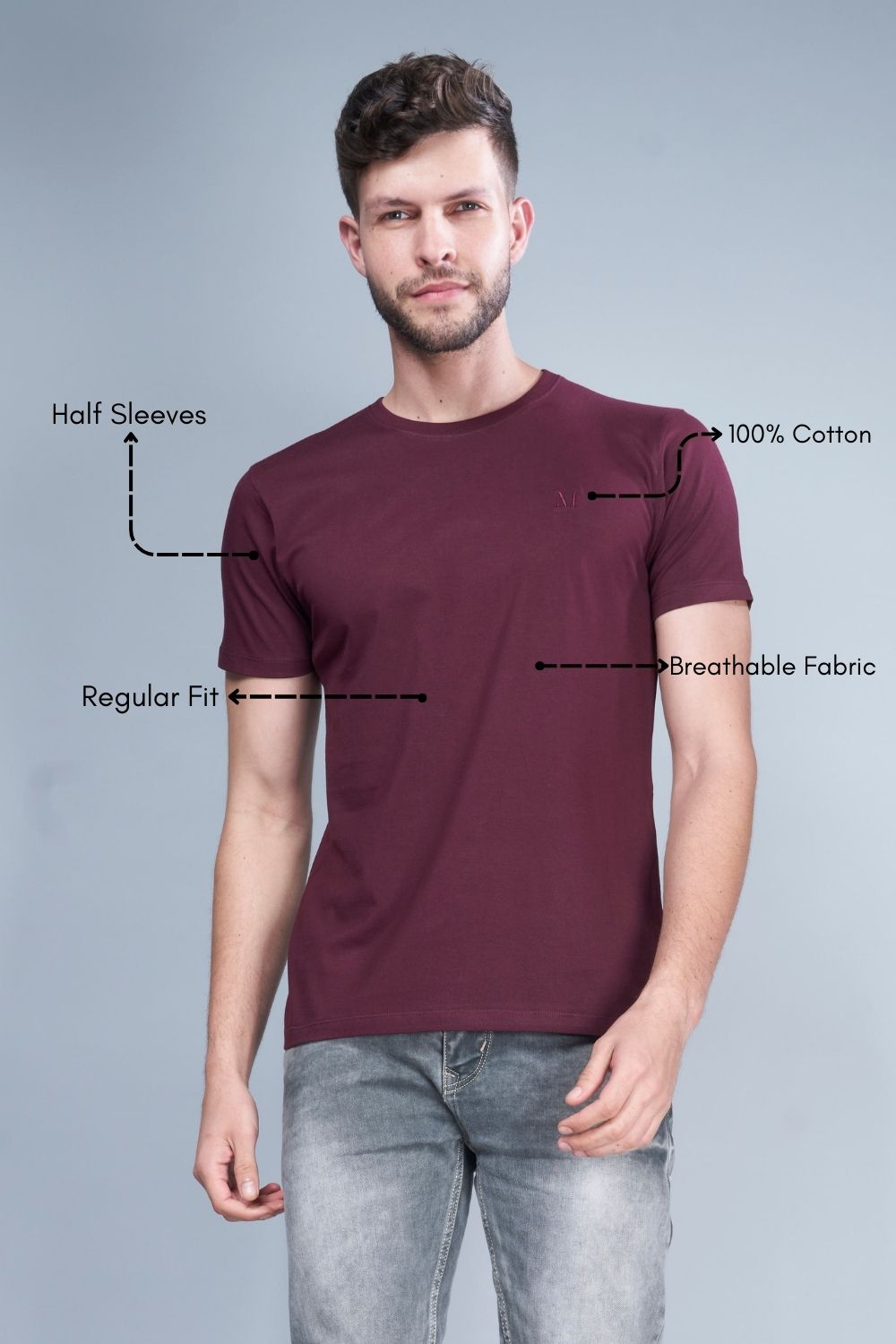 Heng Maroon colored, Solid T shirt for men, with half sleeves and round neck, product features.