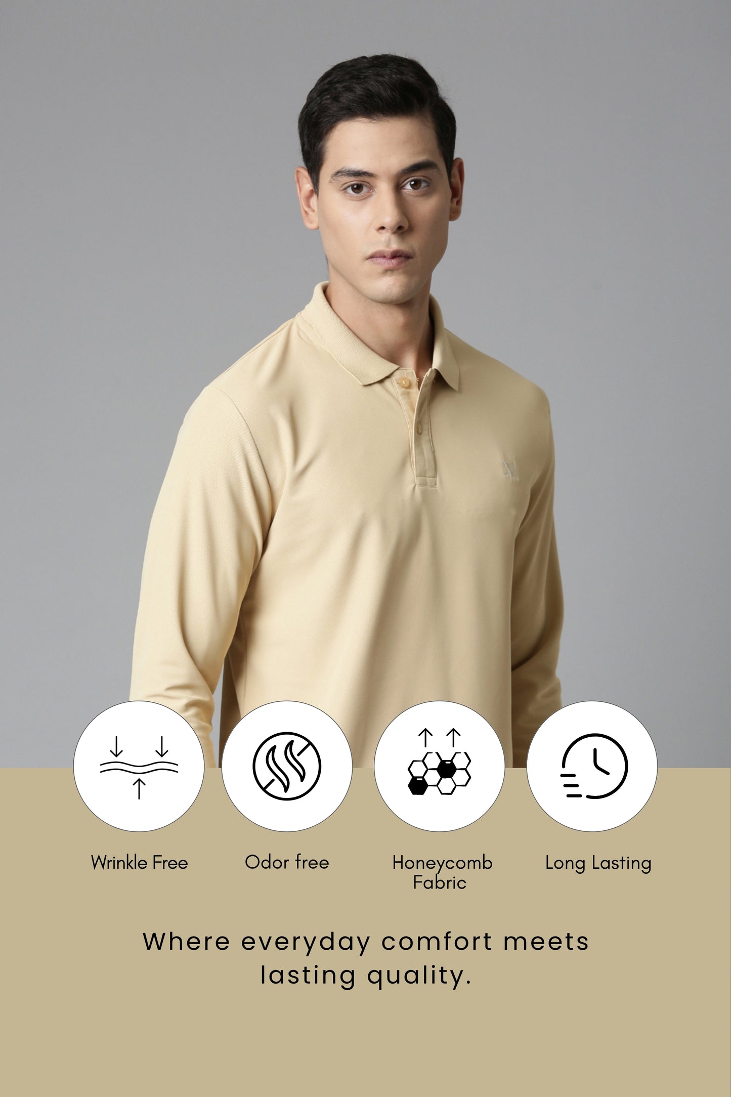 Bisque Full Sleeve Smart Tech Polo