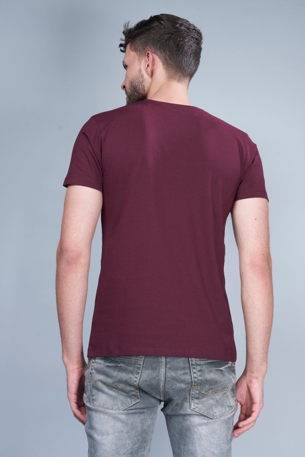Heng Maroon colored, Solid T shirt for men, with half sleeves and round neck, back view.