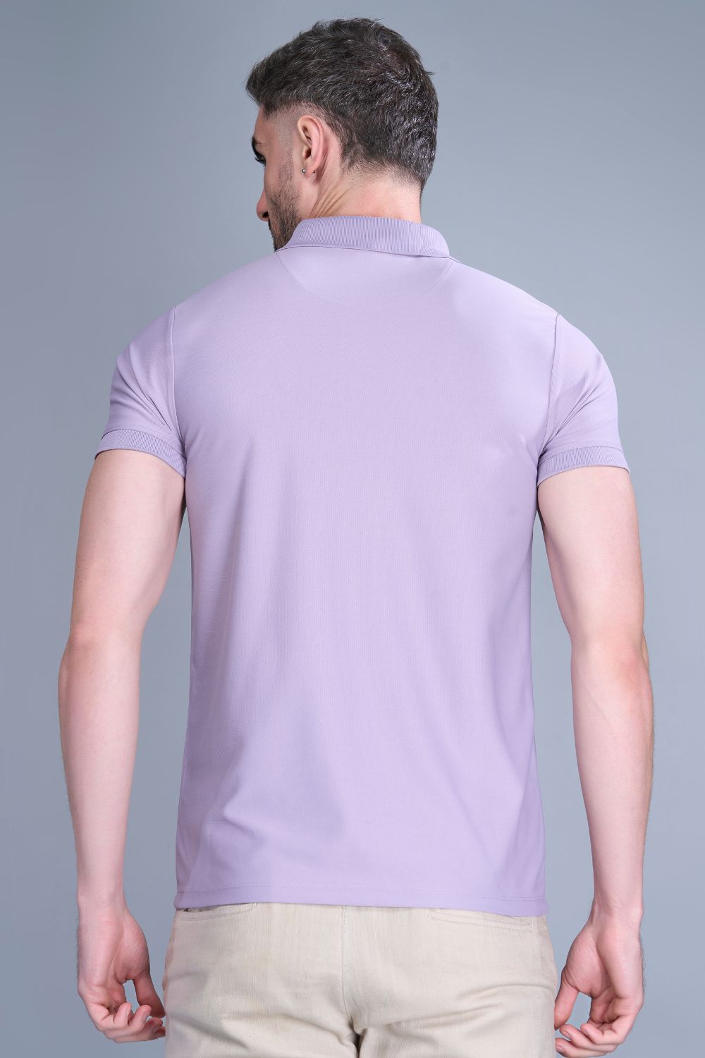 Mauve colored, zipped Polo T-shirts for men with collar and half sleeves, back view.