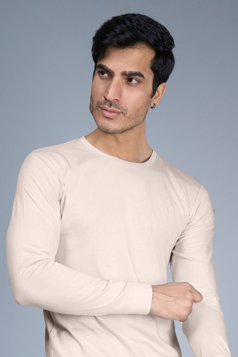 Moon light colored, full sleeve solid T shirt for Men with round neck, side view.