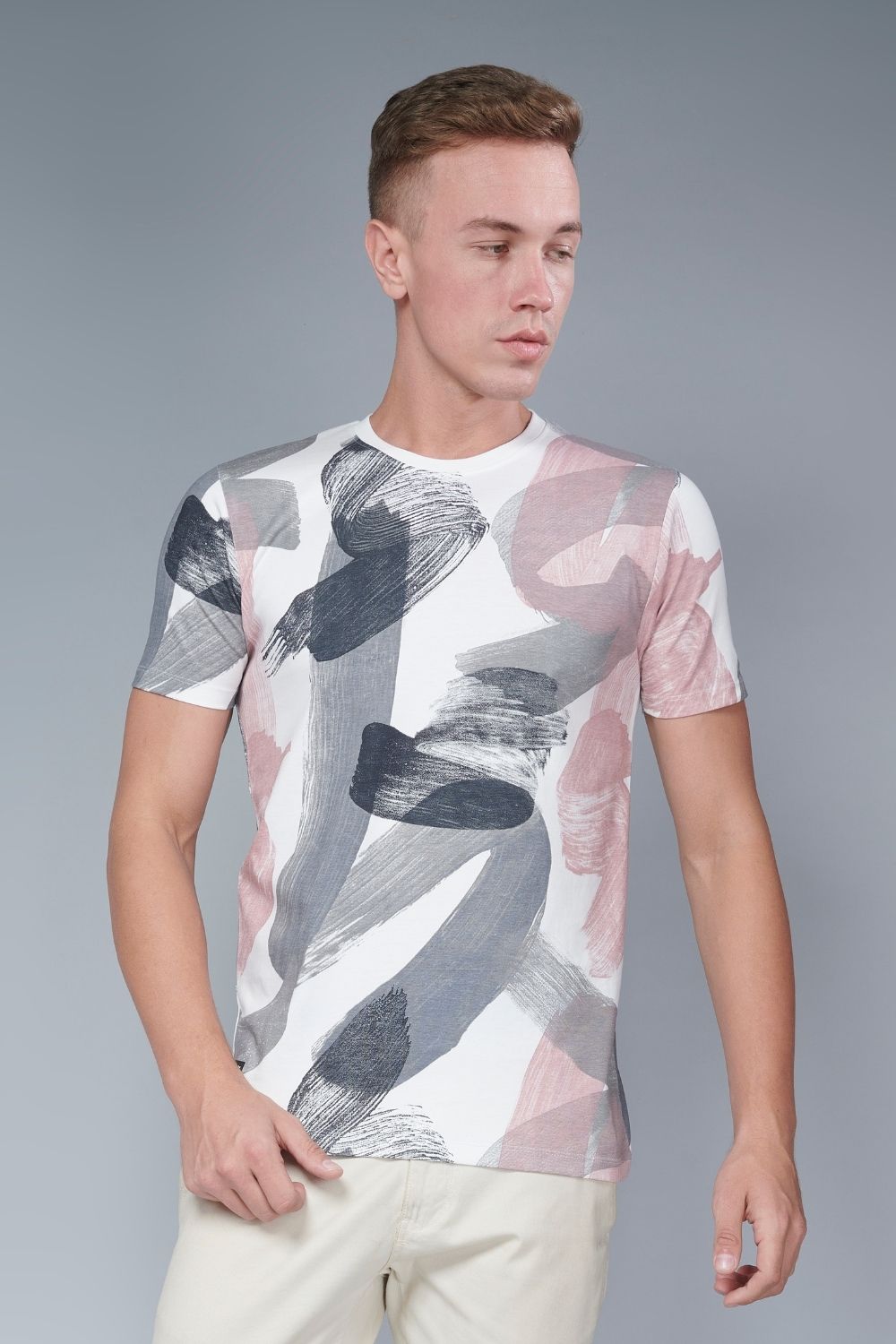 Front view of Mauvelous colored all over print T shirt for men with Half sleeves and round neck.