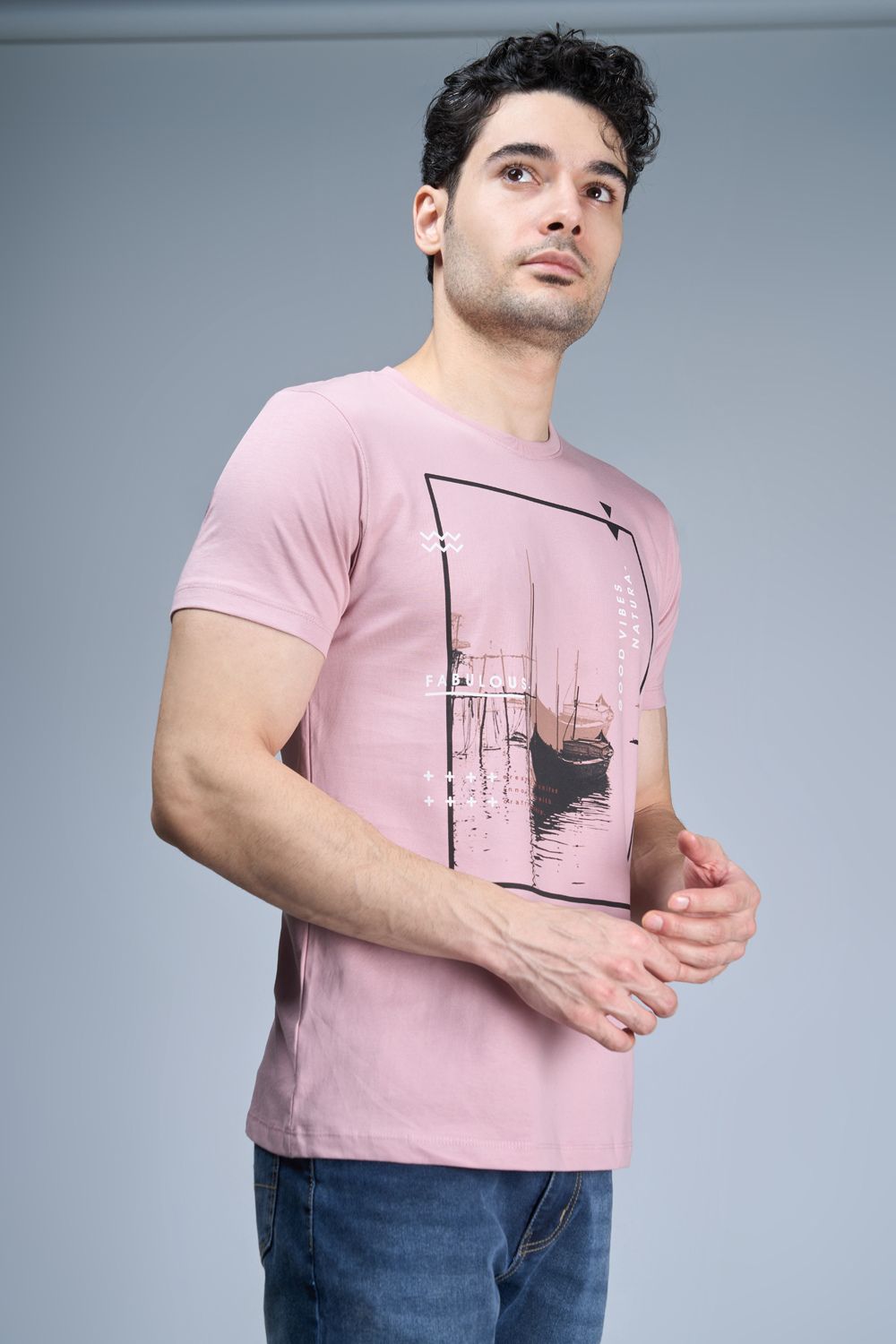 Rose pink colored, cotton Graphic T shirt for men, half sleeves and round neck, side view.