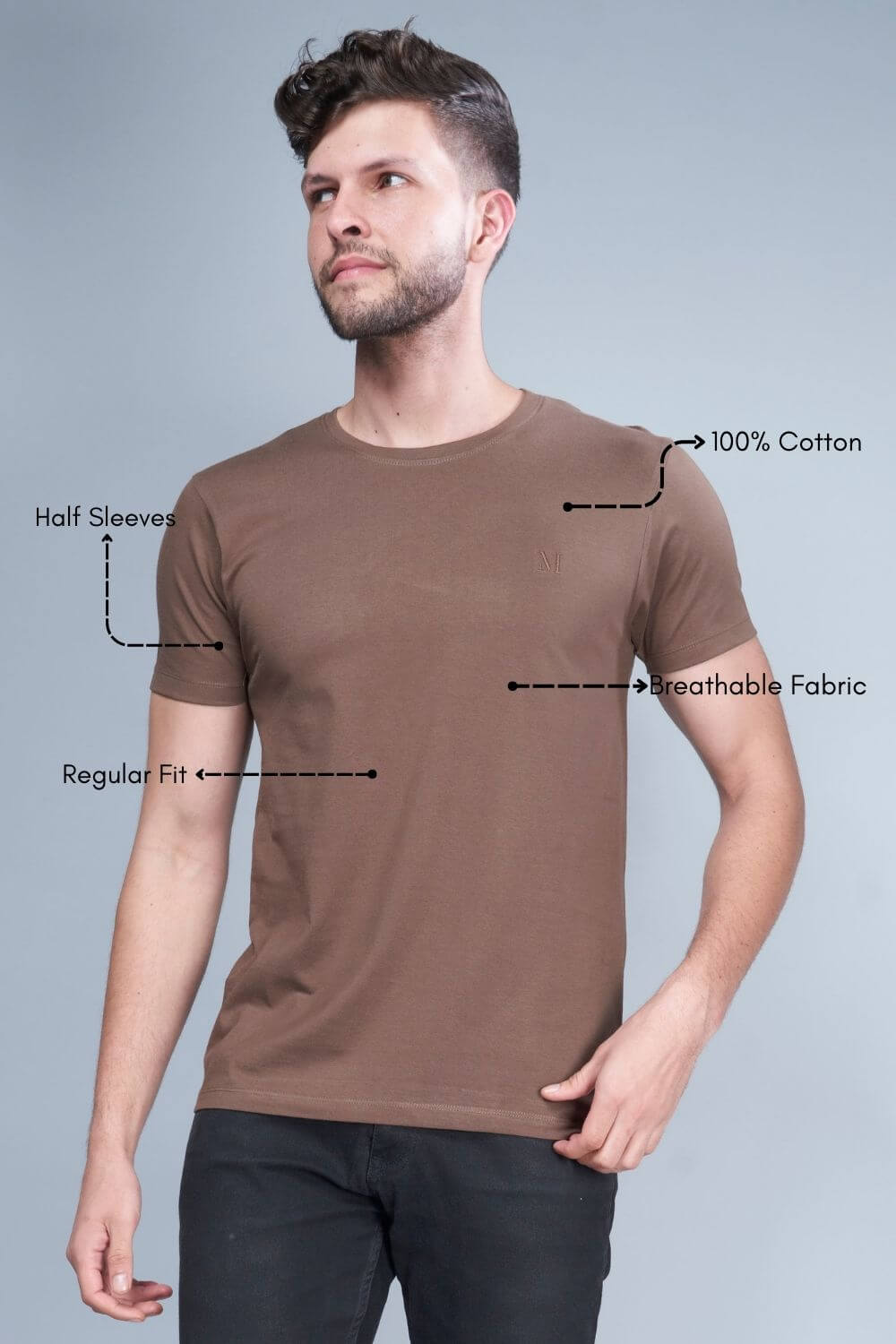Brown colored, cotton solid T shirt for men with half sleeves and round neck from vibgyor series collection, product feature.