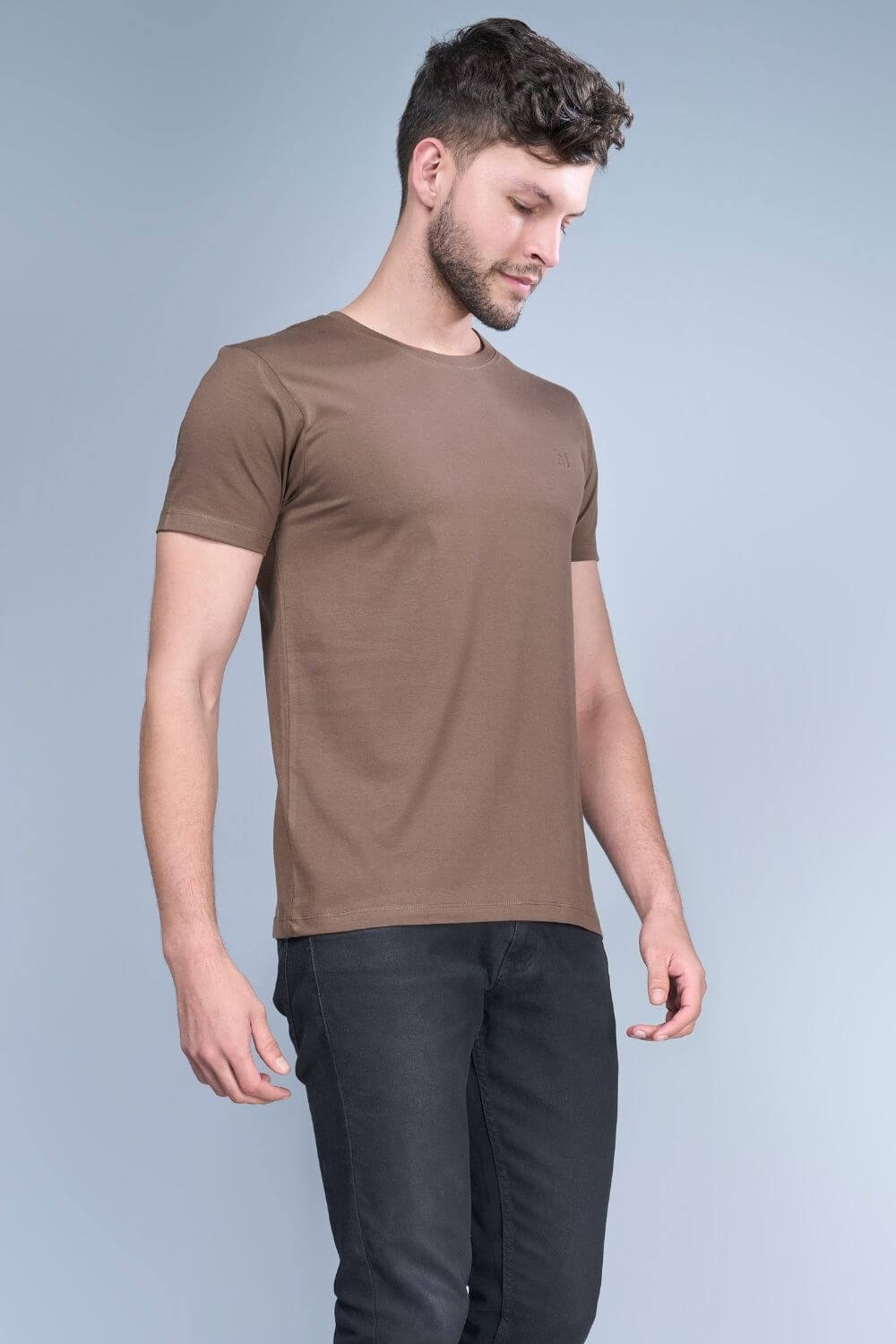 Brown colored, cotton solid T shirt for men with half sleeves and round neck from vibgyor series collection, side view.